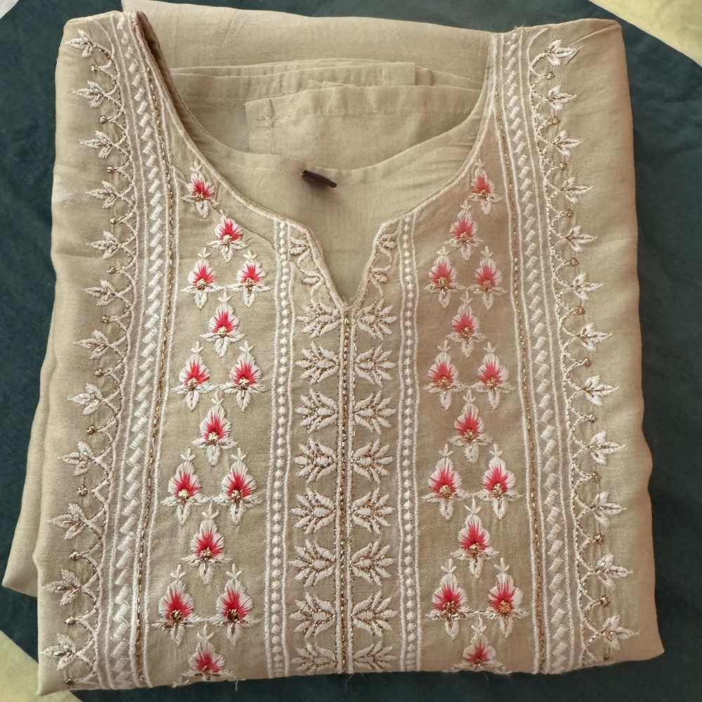 Embroidered Beige Kurta with Pink Floral Accents